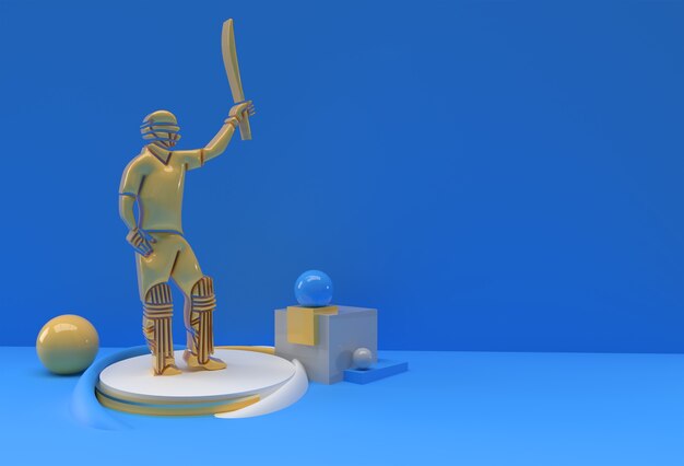 Concepto de renderizado 3D de Batsman Playing Cricket y celebra 100 carreras - Escena para mostrar Copa de trofeo de campeonato, Ilustración de póster de diseño de arte 3D.