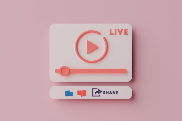 Concepto de renderizado 3D interfaz de video de transmisión en vivo con botón Me gusta y compartir