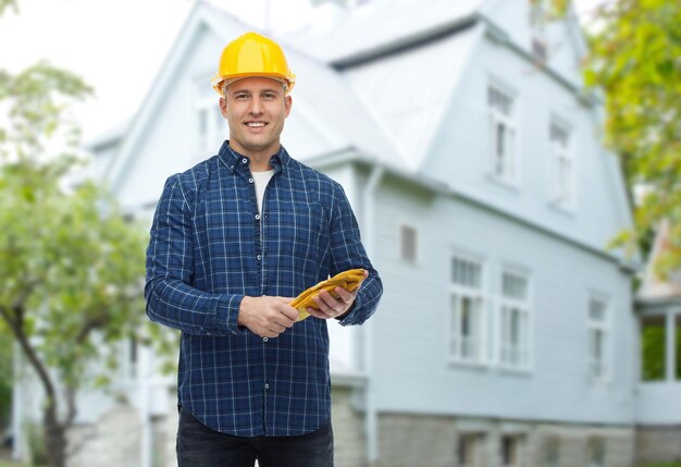 Foto concepto de reparación, construcción, construcción y mantenimiento - hombre sonriente con casco con guantes sobre el fondo de la casa