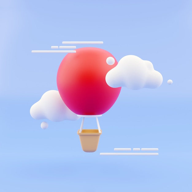 Concepto de representación 3D de ambiente de verano. Un globo de aire caliente amarillo con una canasta entre las nubes sobre fondo de cielo azul. Render 3D.