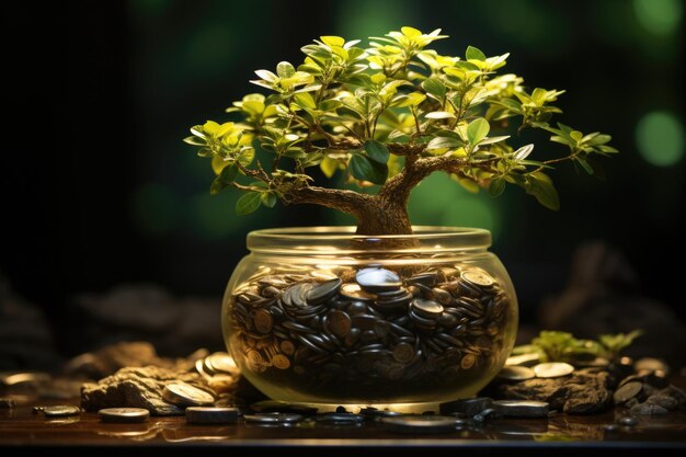 Foto concepto de representación 3d del árbol de dinero con ia generativa de jarrón de plantas