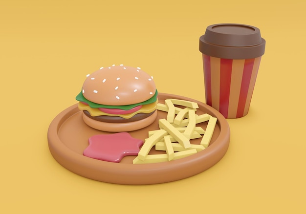 Concepto de representación 3D de comida, desayuno americano. Conjunto de hamburguesa de comida con papas fritas, salsa de tomate y soda sobre fondo amarillo. Render 3D. Ilustración 3D. Plantilla de diseño minimalista.