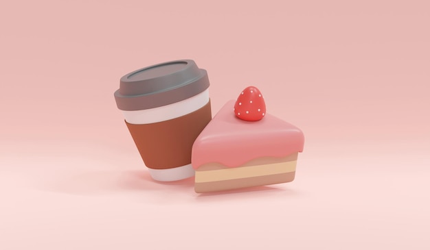 Concepto de representación 3D de comida, snack americano. Una taza de café con cakr de fresa sobre fondo rosa. Render 3D. Ilustración 3D. Plantilla de diseño minimalista.