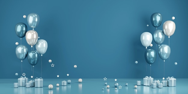Concepto de representación 3D de fondo de evento de fiesta de boda de cumpleaños de San Valentín o comercial en globos de tema azul con pared en blanco en el fondo. Render 3D.