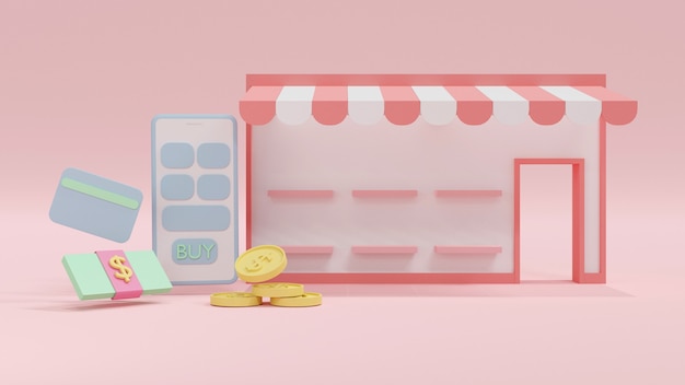 Foto concepto de representación 3d del frente de la mini tienda de compras en línea con estantes de productos en blanco con el icono de dinero