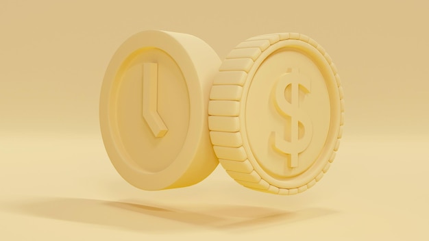 Concepto de representación 3D de gestión de tiempo y dinero concepto de equilibrio de vida laboral una moneda y un reloj en tema amarillo Concepto de idea mínima de representación 3D