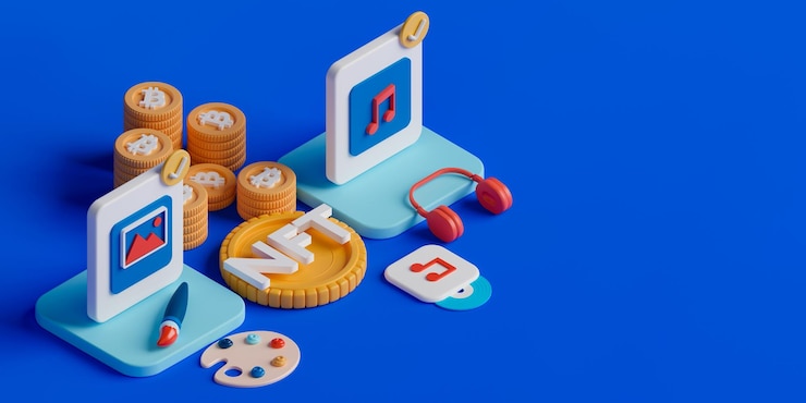 Foto concepto de representación 3d isométrica nft o token no fungible para obras de arte y música