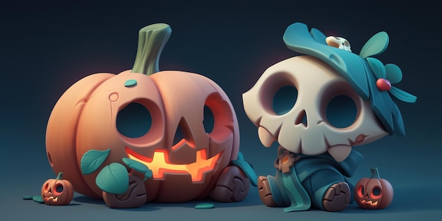 Concepto de representación 3D de linda lápida y linterna de gato de calabaza con cabeza de calavera