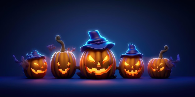 Concepto de representación 3D de lindo Feliz Halloween con calabazas Jack o Lantern en el frente