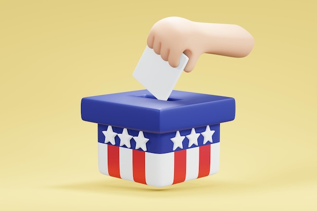Foto concepto de representación 3d de la mano de las elecciones de mitad de período de ee. uu. poner papel en la caja ilustración de representación 3d estilo de dibujos animados