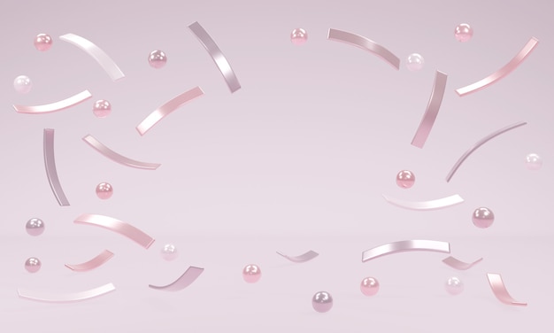Concepto de representación 3D de marco pastel confeti. Confeti geométrico colorido y brillante cayendo sobre fondo rosa. Elementos de diseño de vacaciones de celebración para web, diseño comercial.