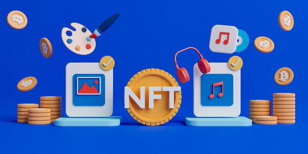 Concepto de representación 3d NFT o token no fungible para obras de arte y música