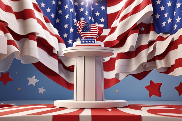 Concepto de representación 3d del podio del discurso electoral de mitad de período de EE. UU. Estilo de dibujos animados de ilustración de representación 3d