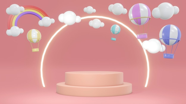 Concepto de representación 3D de podio de pantalla rosa con globos de aire caliente en el cielo y anillo de luz