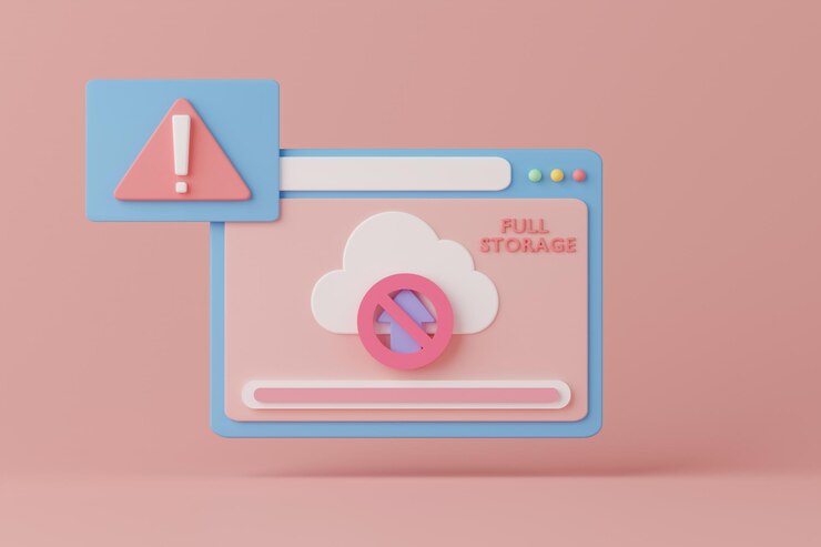 Foto concepto de representación 3d tecnología de computación en la nube con advertencia de almacenamiento completo
