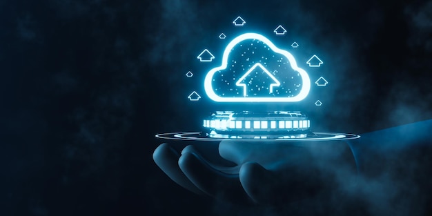 concepto de representación 3d tecnología de computación en la nube. Icono de nube brillante con mano sobre fondo oscuro.