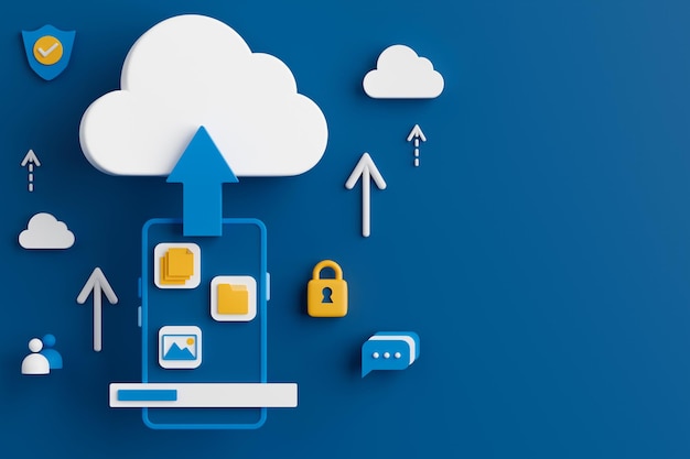 Concepto de representación 3D tecnología de computación en la nube con iconos y signo de flecha de teléfono inteligente