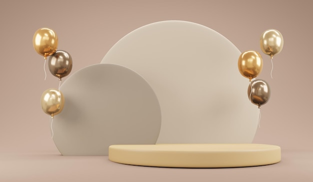 Concepto de representación 3D de tema de color beige de lujo de globo con pantalla de podio para publicidad en el fondo para diseño comercial Ilustración de dibujos animados de representación 3D