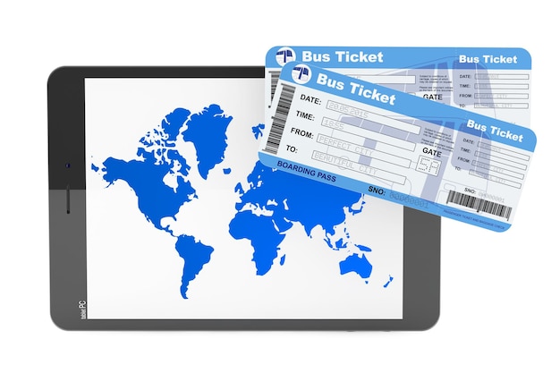 Concepto de reserva online. Tablet PC con billetes de autobús sobre un fondo blanco.