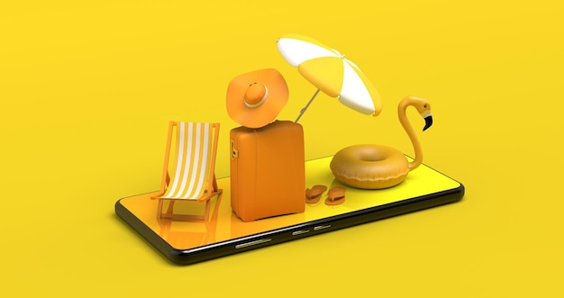 Concepto de reserva de vacaciones de verano en línea con teléfono inteligente Espacio de copia Ilustración 3D