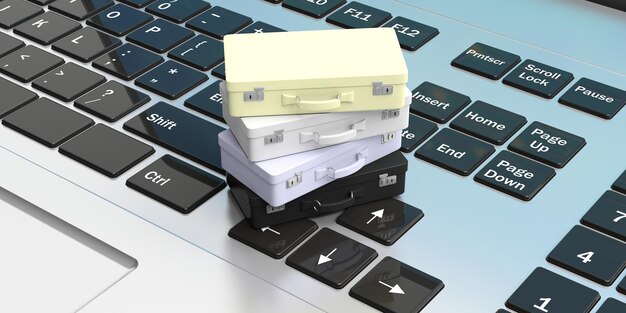 Concepto de reserva de viajes en líneaMaletas en un teclado de computadora ilustración 3d