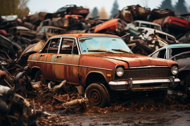 Foto concepto de residuos de automóviles oxidando automóviles viejos en un depósito de chatarra para su reciclaje