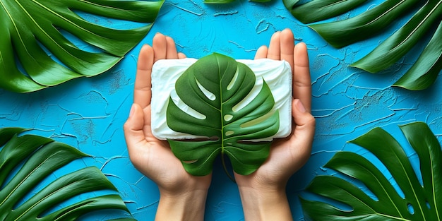 Foto concepto respetuoso con el medio ambiente con las manos sosteniendo una hoja en azul