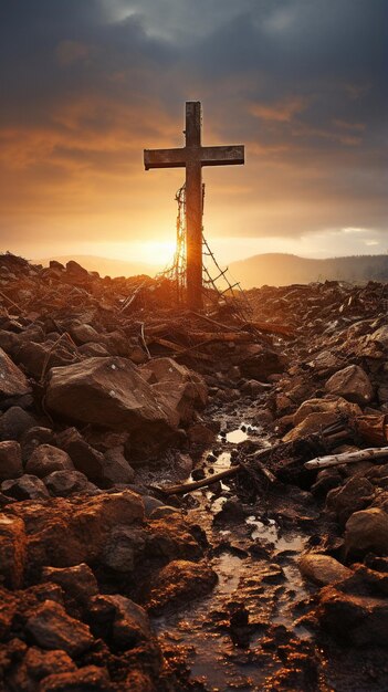 Concepto de la Resurrección La cruz de Jesucristo al atardecer