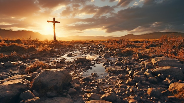 Concepto de la Resurrección La cruz de Jesucristo al atardecer