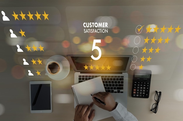 Concepto de revisión en línea Calificación de retroalimentación de la experiencia del cliente para la experiencia de servicio en el ranking líder de negocios del servicio de aplicaciones en línea