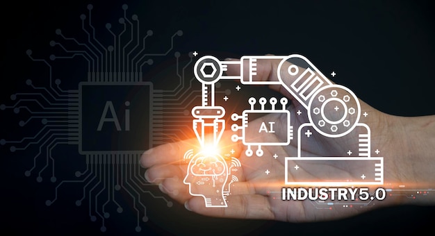 El concepto de la Revolución Industrial No. 5 es mejorar el proceso de producción para que sea más eficiente Al trabajar juntos entre humanos, sistemas inteligentes y robotsx9