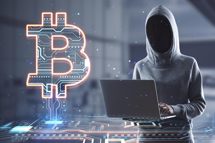 Foto concepto de robo e intercambio de criptomonedas con signo de bitcoin digital brillante con micro circuito en una persona sin rostro con capucha usando doble exposición de fondo de computadora portátil