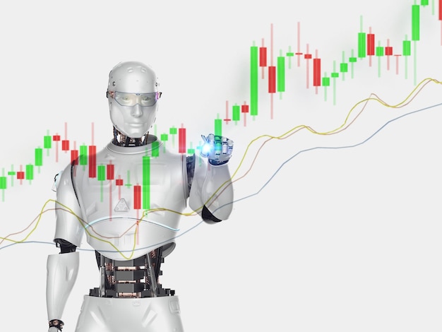 Concepto de robot comercial con robot con gráfico de velas