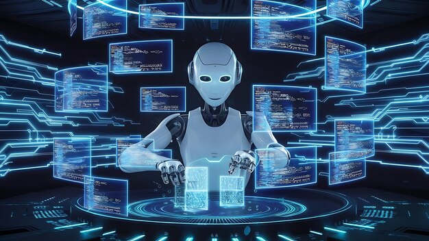 Concepto de robot escribiendo codificación de un programa de software ayuda de inteligencia artificial para humanos