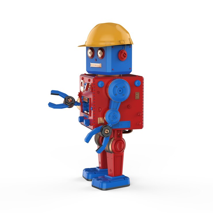 Foto concepto de robot de ingeniero con juguete de hojalata de robot de renderizado 3d con casco