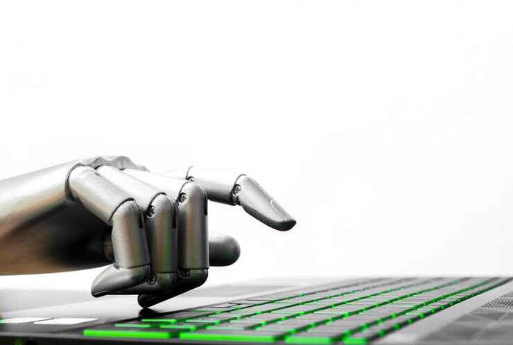 Foto el concepto de robot o la mano del robot chatbot presionando el teclado de la computadora ingresa