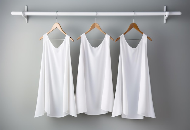 Concepto de ropa de moda minimalista Blusas y camisetas de mujer en una percha sobre un fondo claro