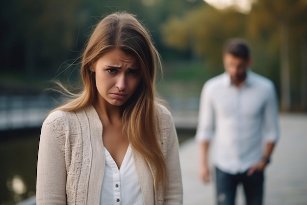 El concepto de ruptura La mujer triste y molesta llora después de una ruptura dolorosa y no quiere dejarlo