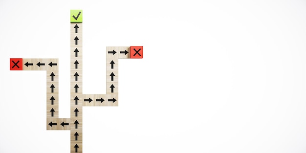 Concepto de ruta de decisión con flechas y marcas de verificación en un fondo blanco Renderización 3D