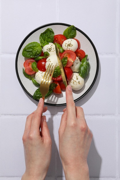 Concepto de sabrosa comida de la cocina italiana Ensalada Caprese