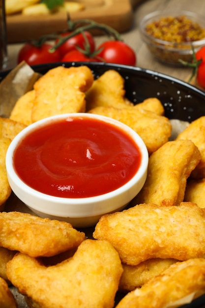 Concepto de sabrosos nuggets de comida chatarra o rápida