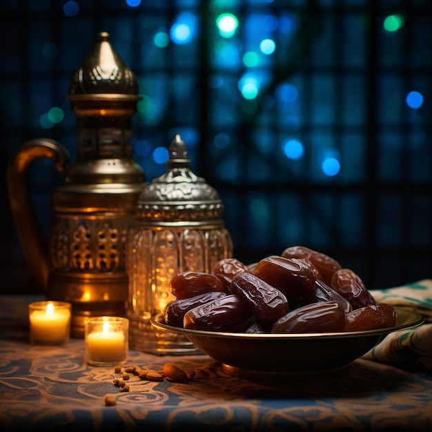 El concepto sagrado del Ramadán las fechas de primer plano en primer plano en el plano lejano un Ramada ligeramente borroso