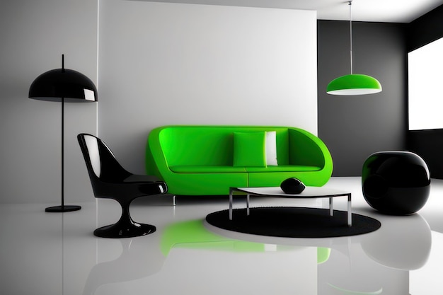 concepto de sala de estar en color negro con muebles con detalles en verde