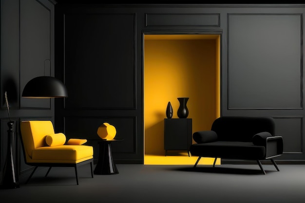 concepto de sala de estar en color negro con muebles resaltados en amarillo