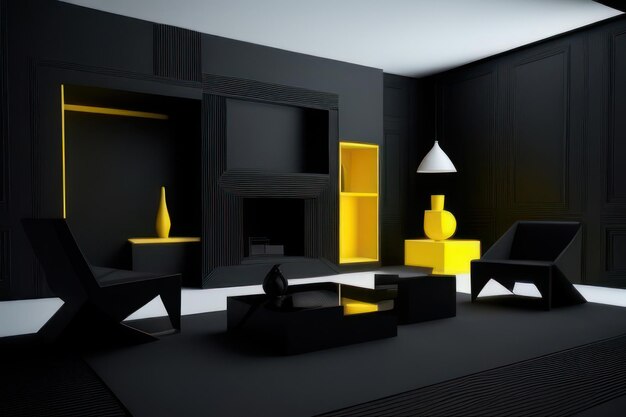 concepto de sala de estar en color negro con muebles resaltados en amarillo