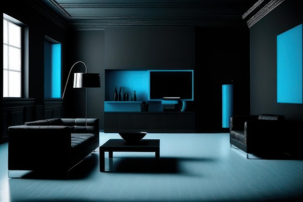 concepto de sala de estar en color negro con muebles resaltados en azul