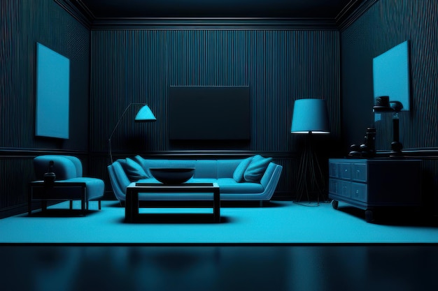 concepto de sala de estar en color negro con muebles resaltados en azul