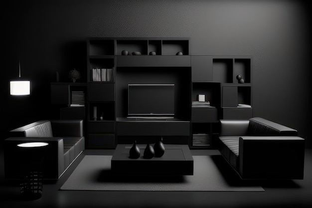 concepto de sala de estar en color negro con muebles resaltados en blanco y negro