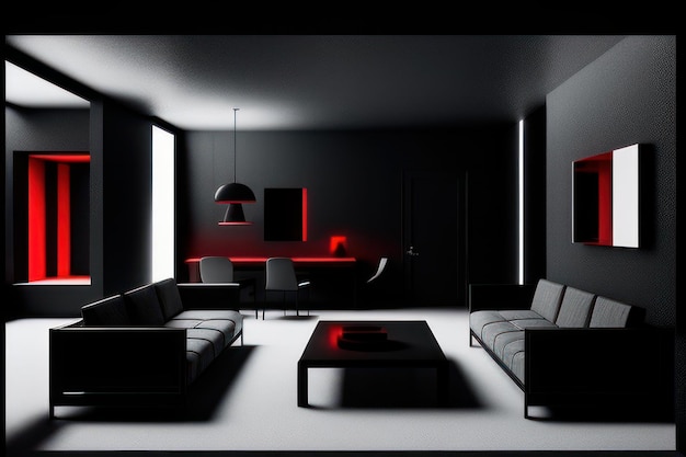 concepto de sala de estar en color negro con muebles resaltados en rojo