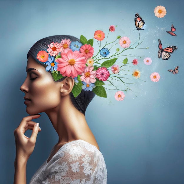 concepto de salud mental chica con flores en el cabello ai generativo